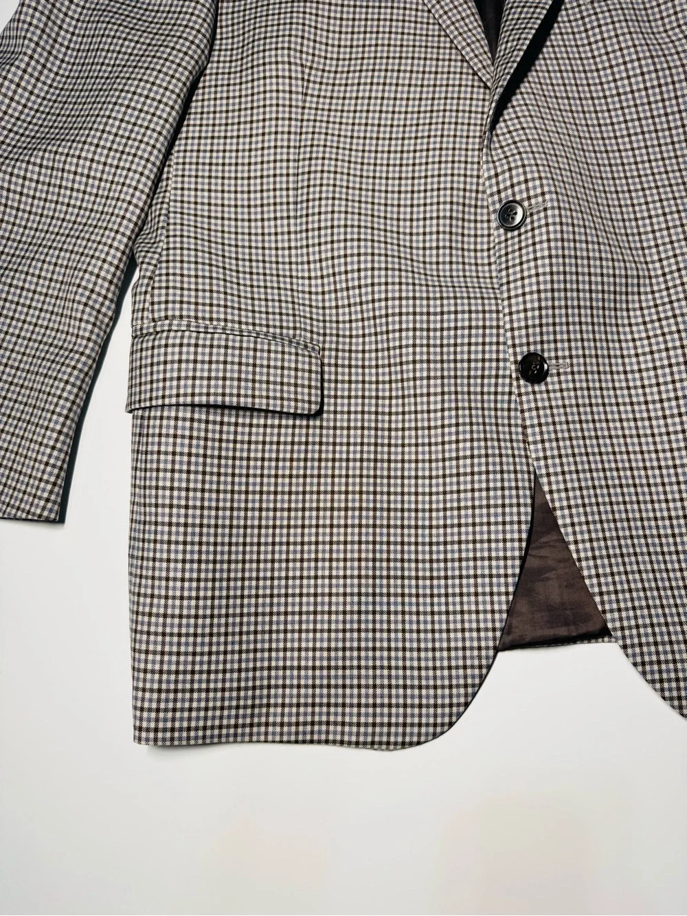 Peter Millar 46R Sport Coat Blazer 100% Wool Blue Brown Gingham Check Union Made
